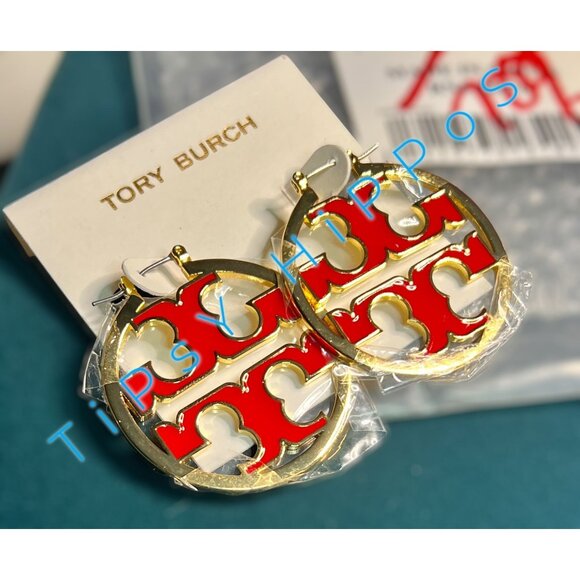 Authentic Tory Burch Miller Hoops in Red and Gold - Picture 1 of 5